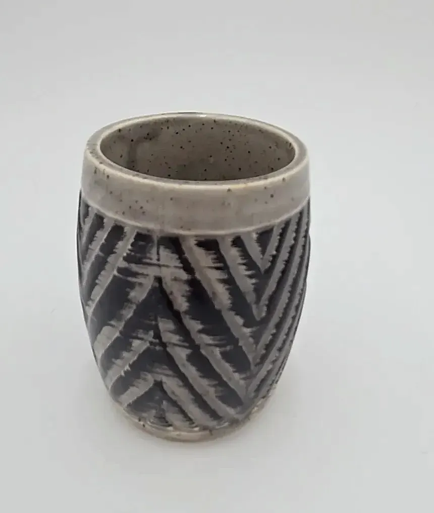 Vintage Japanese Art Pottery Stoneware Tumbler Cup Black Gray Chevron Made in Japan