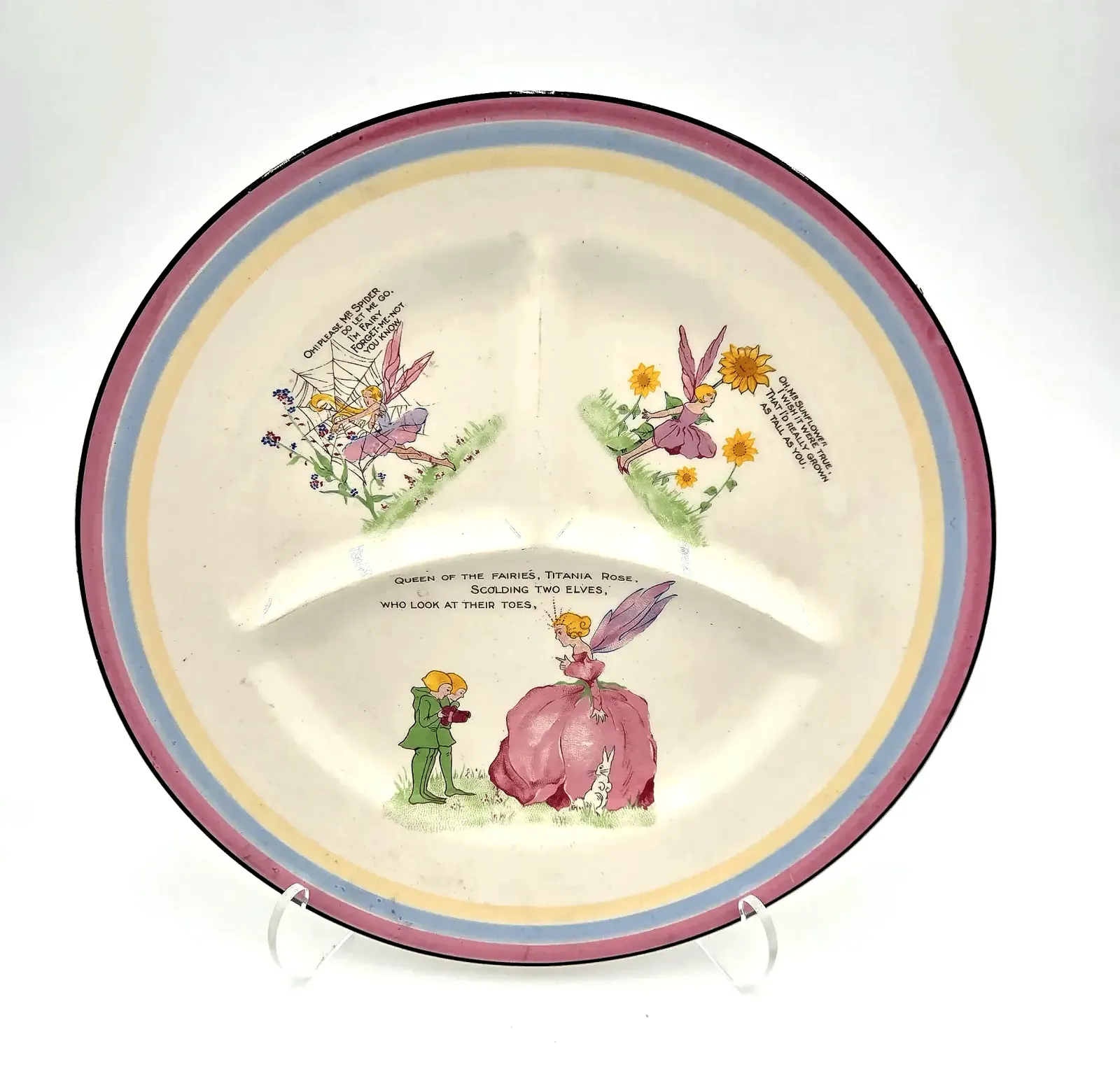 Vintage Fondeville Ambassador Ware England Fairy Divided Child's Plate Flower Fairies