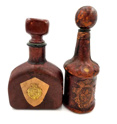 Vintage Italian Leather Wrapped Decanters Set of 2 Lion Crest Fleur De Lis MCM