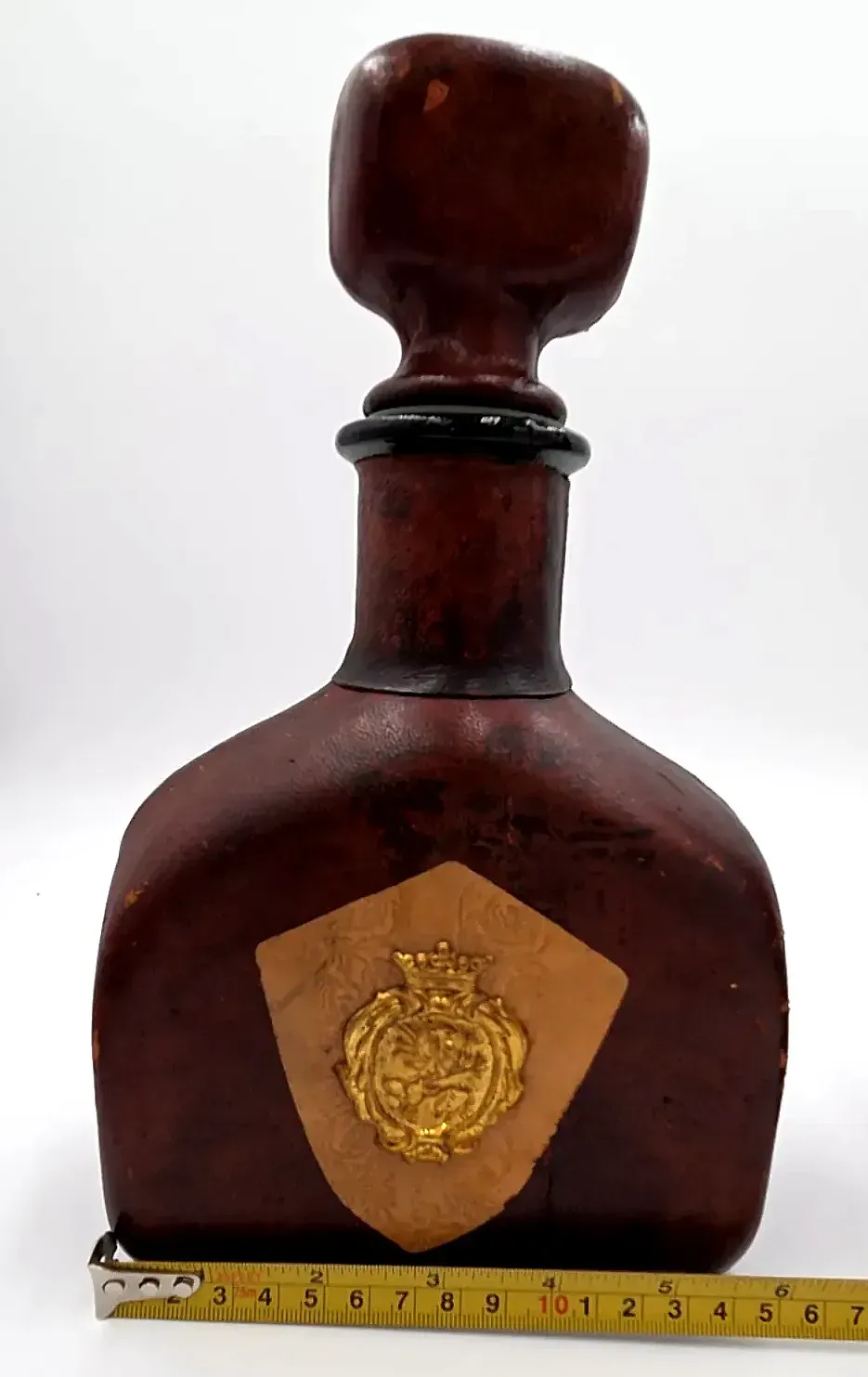 Vintage Italian Leather Wrapped Decanters Set of 2 Lion Crest Fleur De Lis MCM — maker's mark