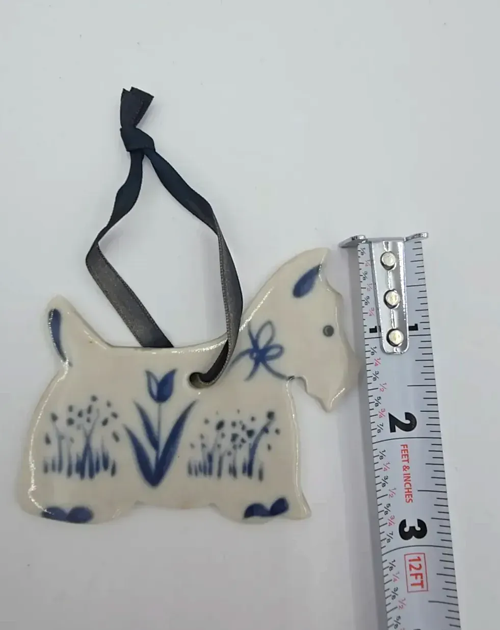 Russ Berrie Co. Blue White Delft Look Scottie Dog Flat Ornament Blue Ribbon