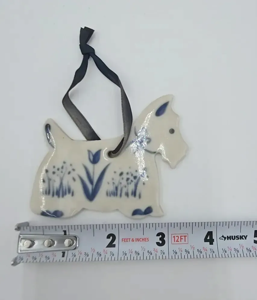 Russ Berrie Co. Blue White Delft Look Scottie Dog Flat Ornament Blue Ribbon