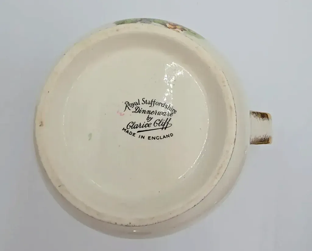 Vintage Royal Staffordshire Clarice Cliff Fruit Motif Creamer Gilt Trim England — detail