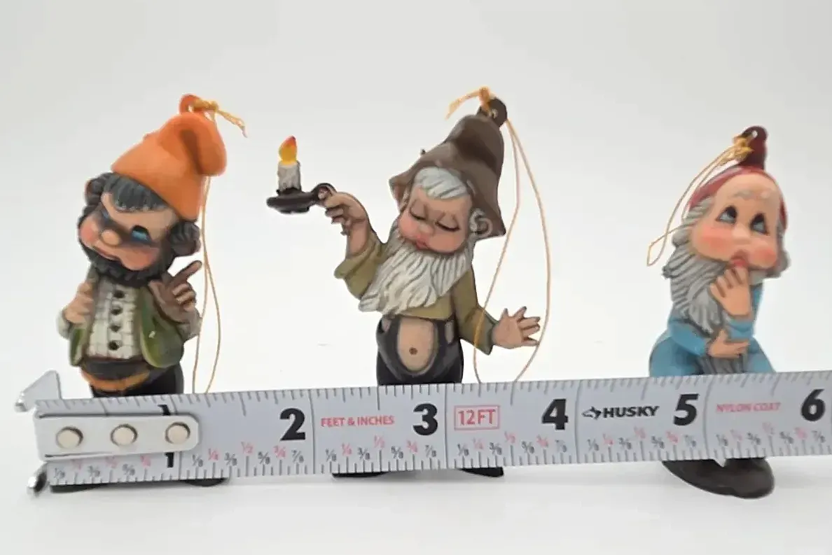 Vintage Elf Hang Ups Christmas Ornaments Set of 3 Gnome Pixie Macau — detail