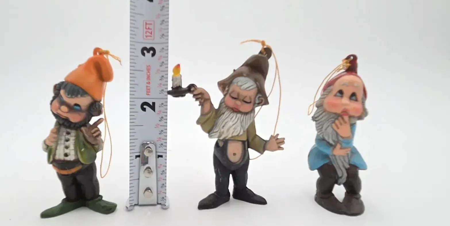 Vintage Elf Hang Ups Christmas Ornaments Set of 3 Gnome Pixie Macau — side view