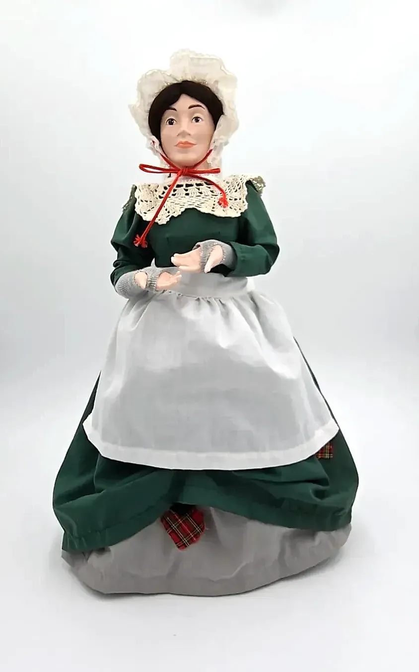Dept 56 Heritage Village Mrs Cratchit Porcelain Caroler Doll Dickens Stand — side view