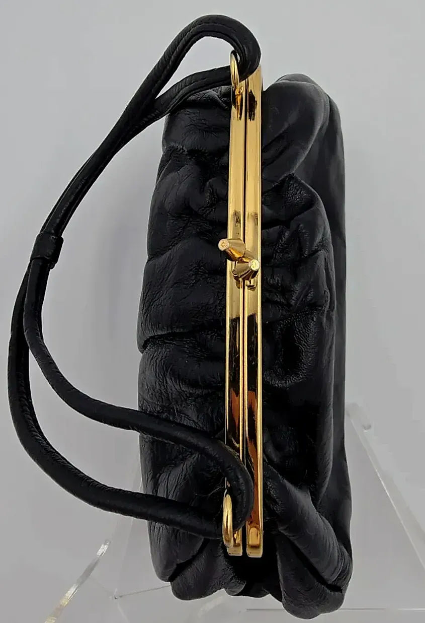 Vintage Black Leather Clasp Top Handle Handbag Cloud Pouched Evening Bag — maker's mark