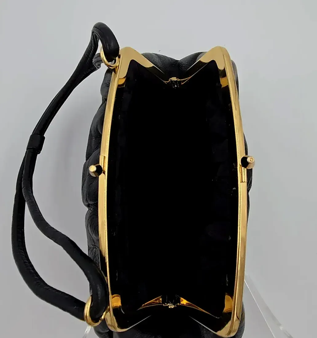 Vintage Black Leather Clasp Top Handle Handbag Cloud Pouched Evening Bag — detail