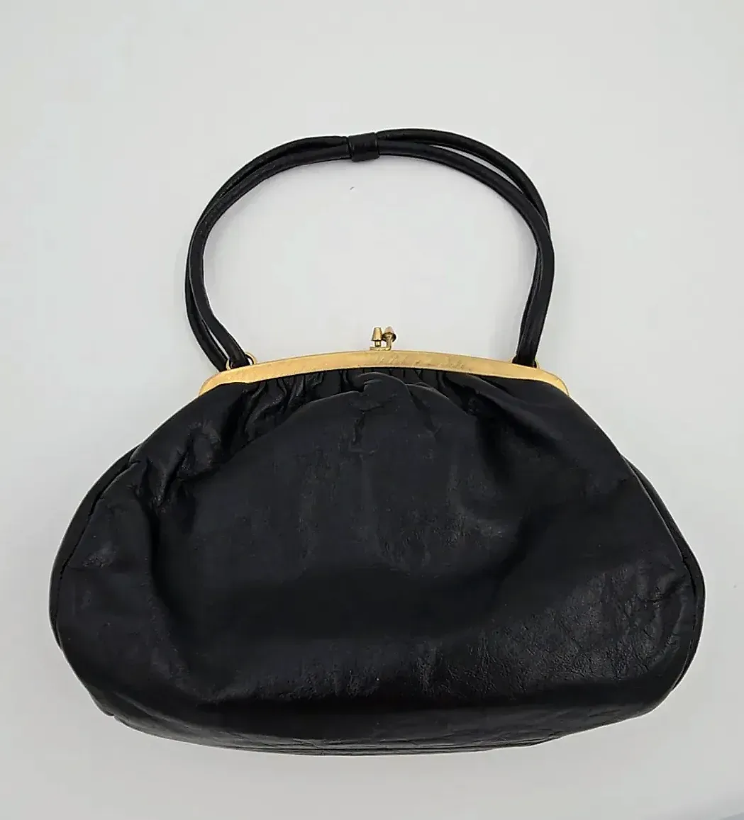 Vintage Black Leather Clasp Top Handle Handbag Cloud Pouched Evening Bag — side view