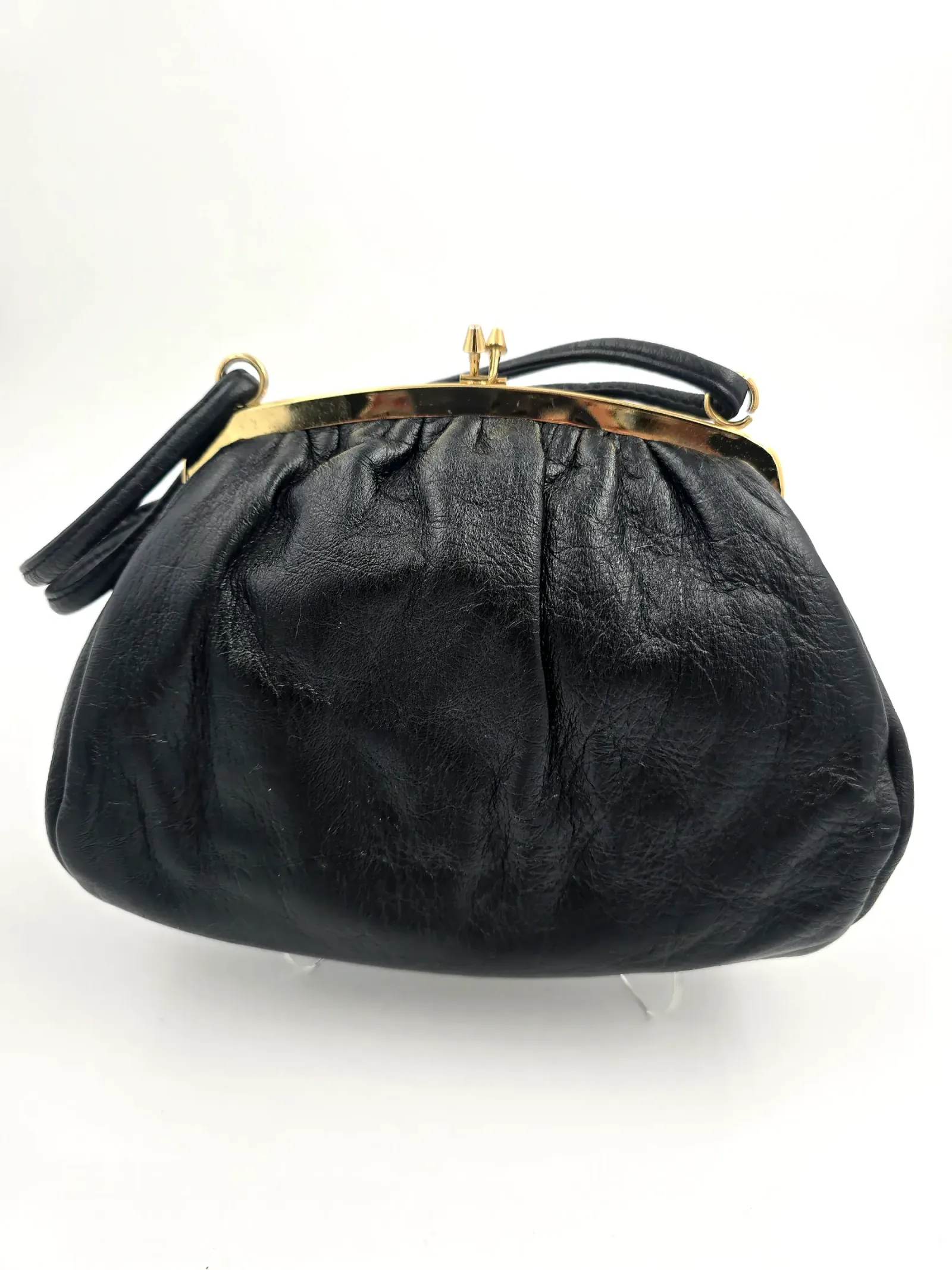 Vintage Black Leather Clasp Top Handle Handbag Cloud Pouched Evening Bag