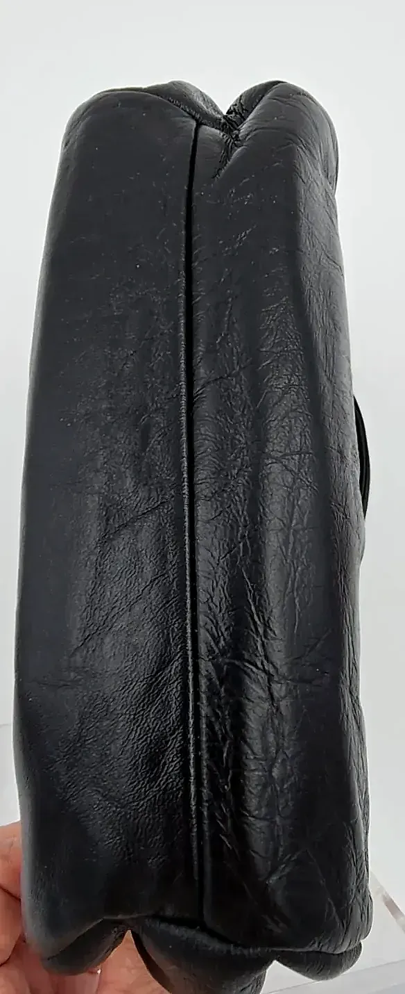 Vintage Black Leather Clasp Top Handle Handbag Cloud Pouched Evening Bag — underside