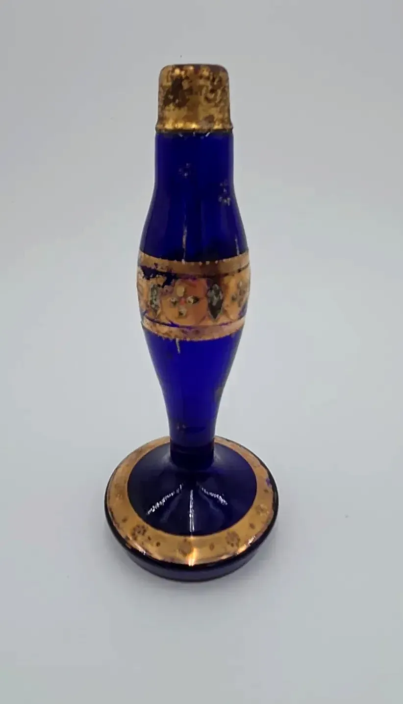 Vintage Cobalt Blue Glass Perfume Bottle Gold Gilt Stopper Vanity Decor 6.5"