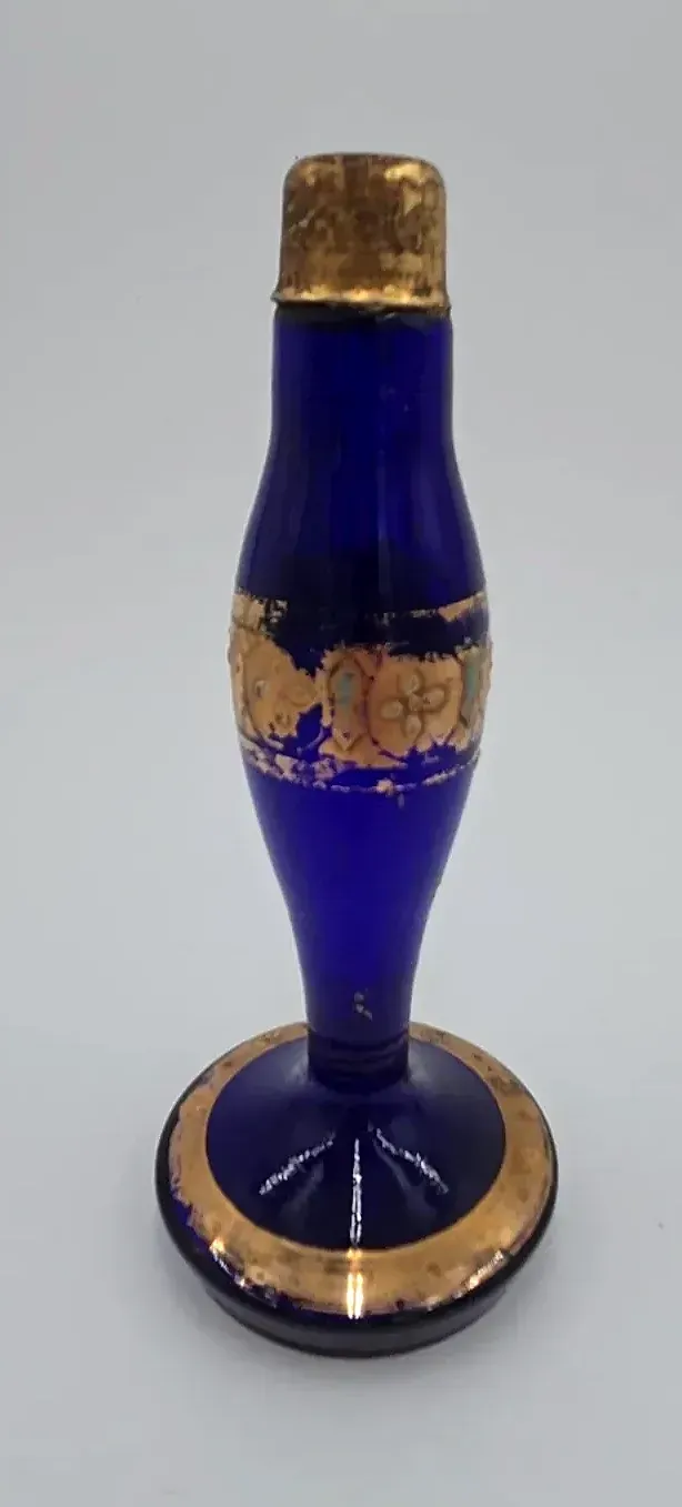 Vintage Cobalt Blue Glass Perfume Bottle Gold Gilt Stopper Vanity Decor 6.5"