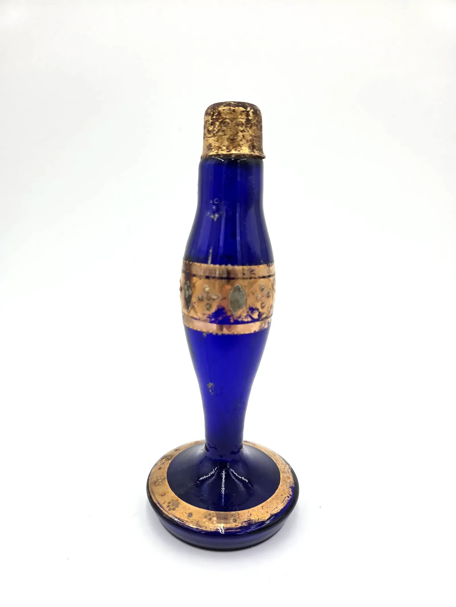 Vintage Cobalt Blue Glass Perfume Bottle Gold Gilt Stopper Vanity Decor 6.5"