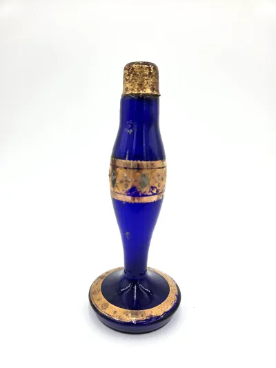 Vintage Cobalt Blue Glass Perfume Bottle Gold Gilt Stopper Vanity Decor 6.5"