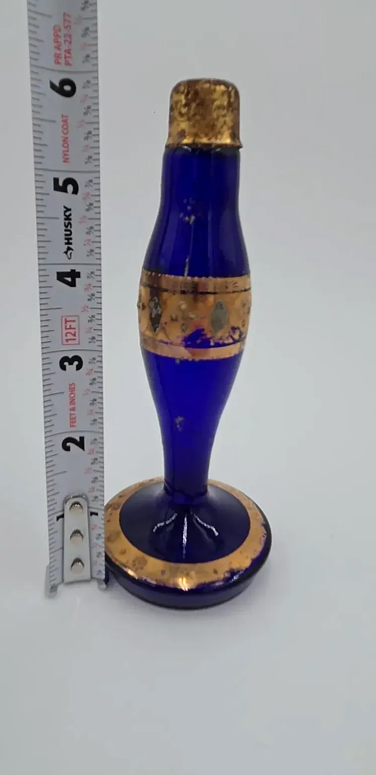 Vintage Cobalt Blue Glass Perfume Bottle Gold Gilt Stopper Vanity Decor 6.5"