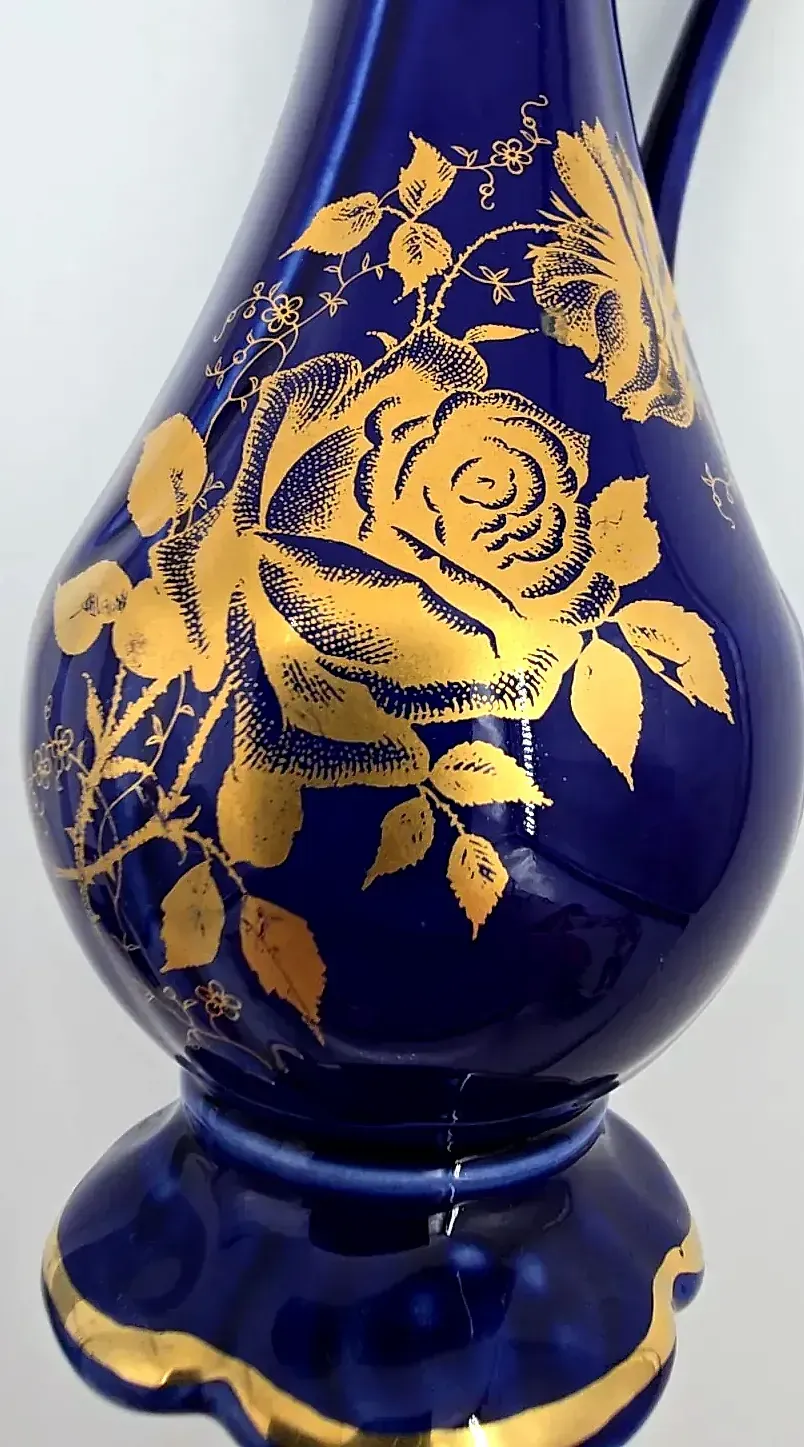 Vtg Old Foley James Kent Chandos Cobalt Blue Gold Floral Pitcher Ewer Vase 6.5” — detail