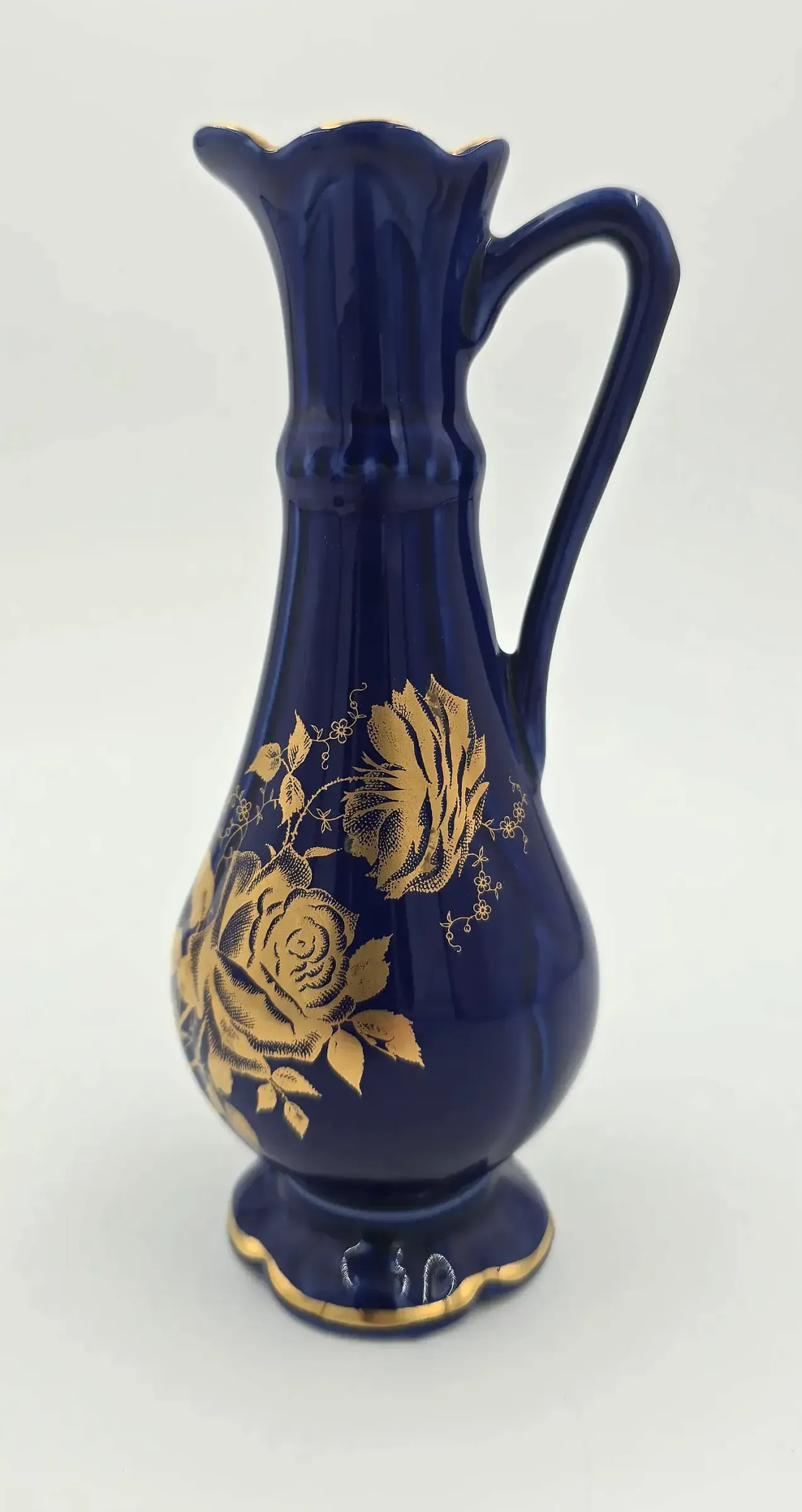 Vtg Old Foley James Kent Chandos Cobalt Blue Gold Floral Pitcher Ewer Vase 6.5”