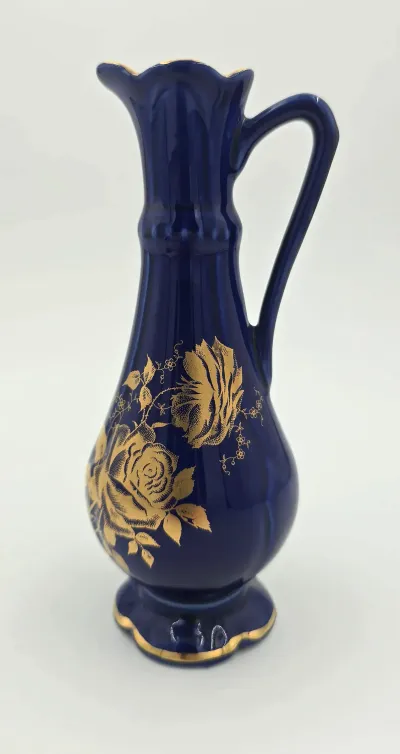 Vtg Old Foley James Kent Chandos Cobalt Blue Gold Floral Pitcher Ewer Vase 6.5”