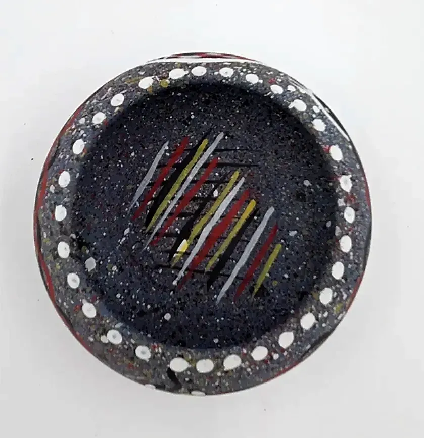 Vintage Walloo Studio Pottery Bowl Tribal Geometric Hand Painted Dish — side view