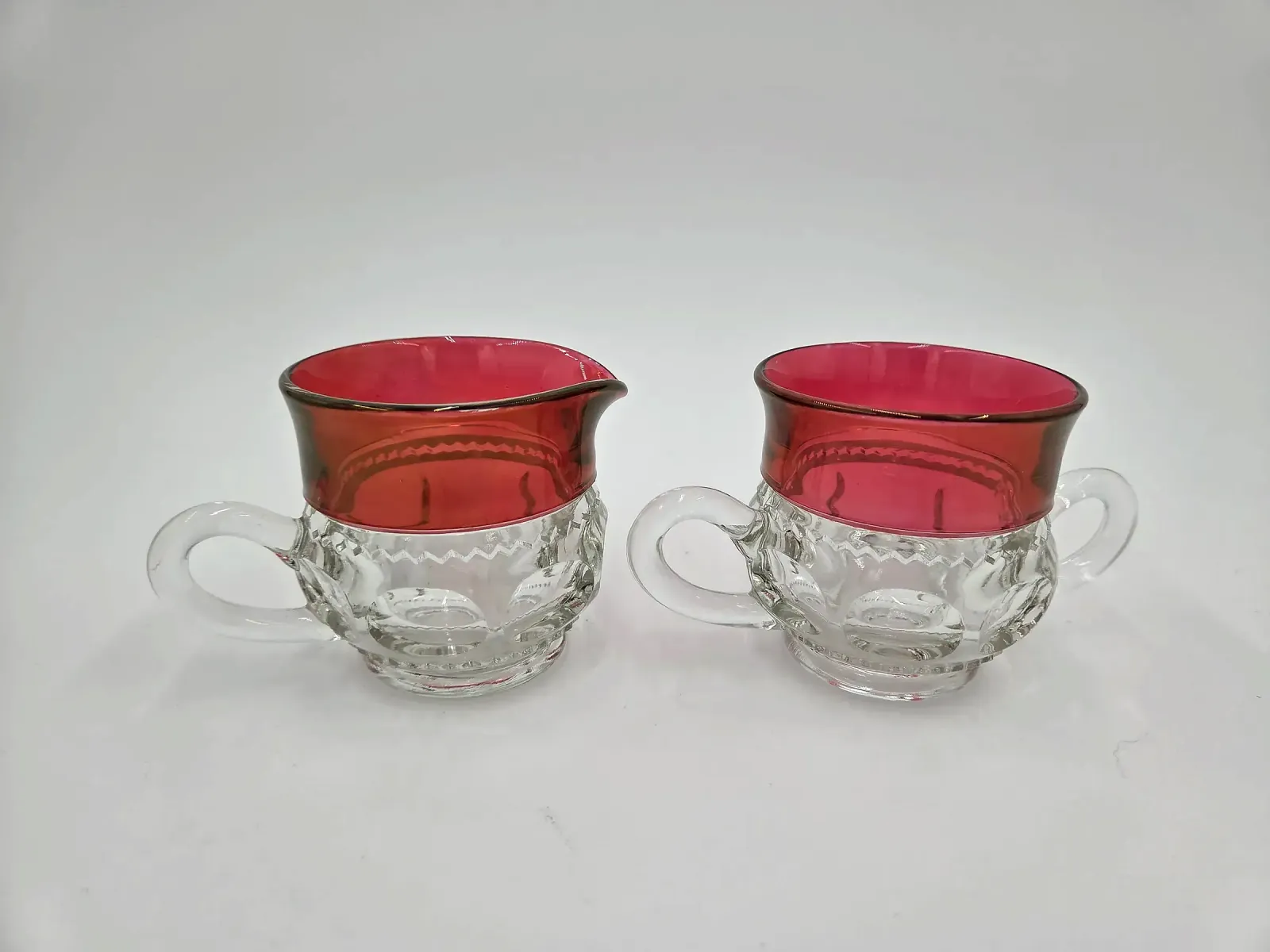 Vintage Ruby Flash Glass Creamer & Sugar Bowl Set Cranberry Thumbprint Pressed Glass