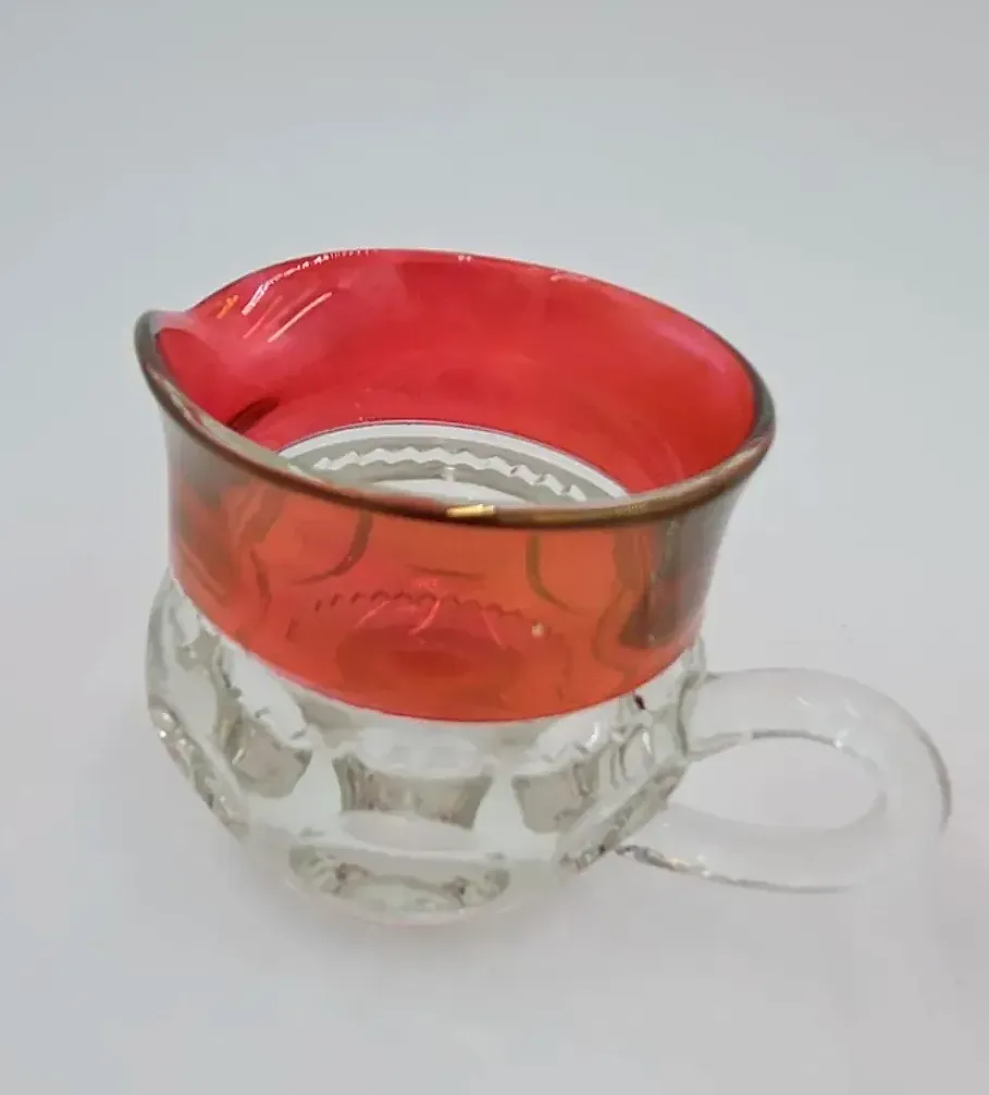 Vintage Ruby Flash Glass Creamer & Sugar Bowl Set Cranberry Thumbprint Pressed Glass