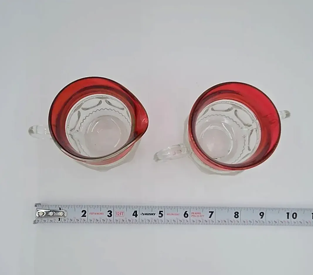 Vintage Ruby Flash Glass Creamer & Sugar Bowl Set Cranberry Thumbprint Pressed Glass