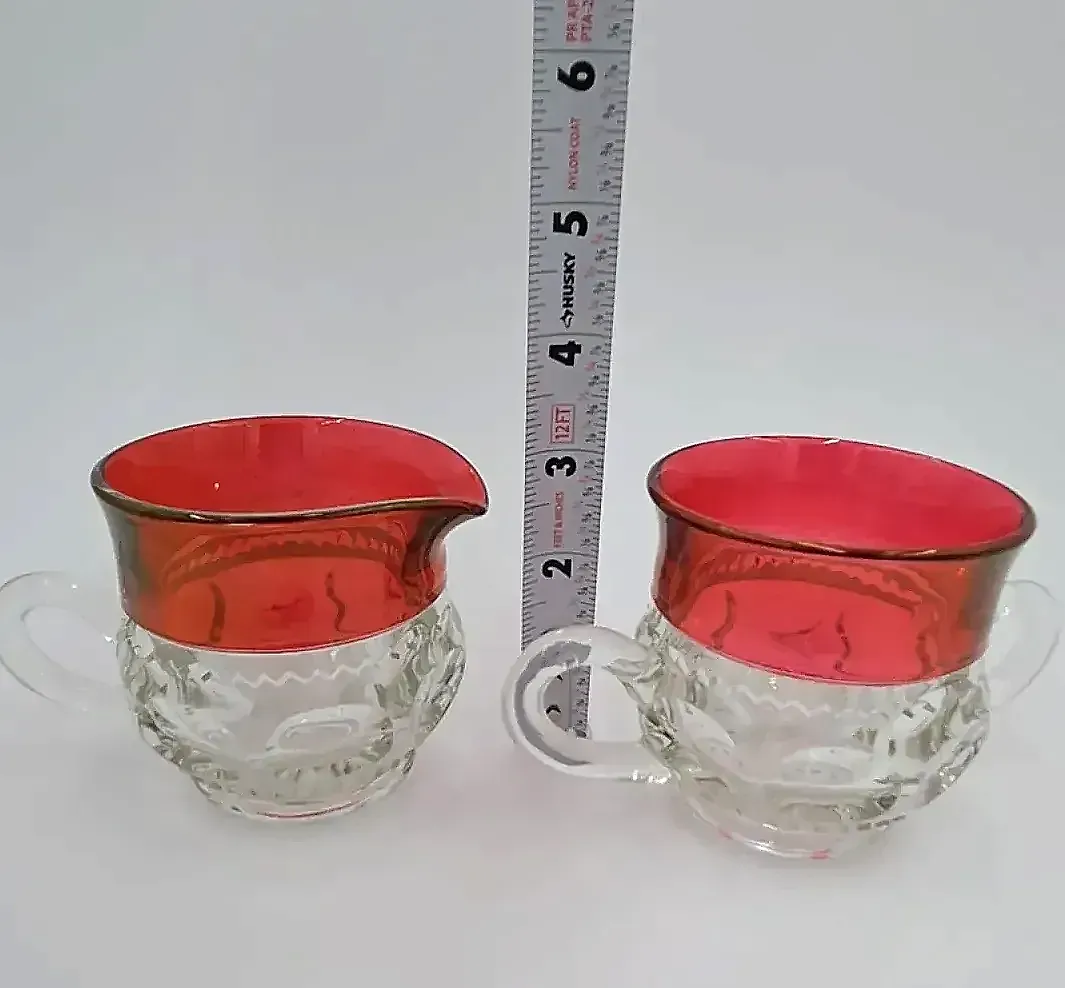Vintage Ruby Flash Glass Creamer & Sugar Bowl Set Cranberry Thumbprint Pressed Glass