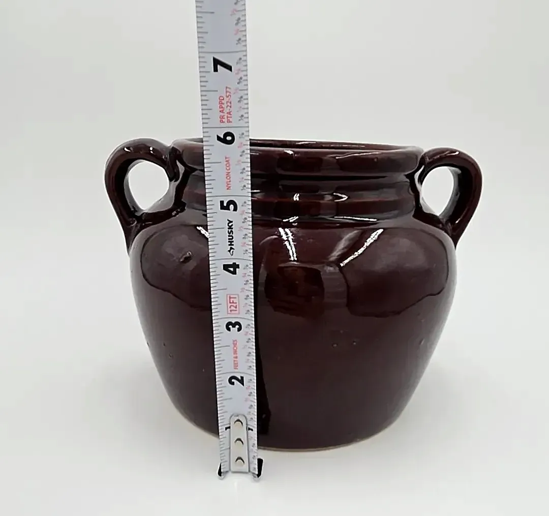 Vintage Brown Glazed Stoneware Bean Pot Crock Double Handle USA Pottery