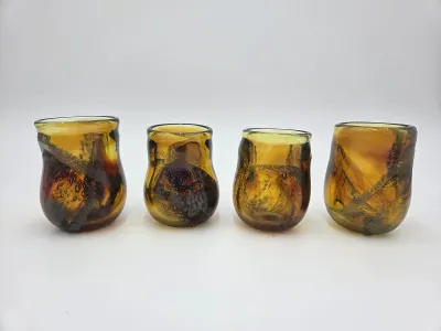 Set of 4 Michael Guzzardo Hand Blown Studio Art Glass Tumblers Amber Signed