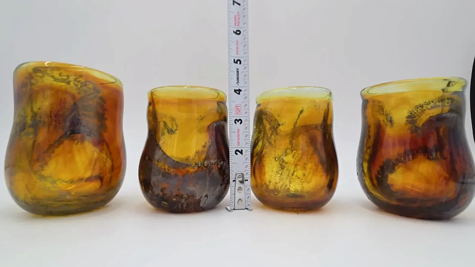 Set of 4 Michael Guzzardo Hand Blown Studio Art Glass Tumblers Amber Signed