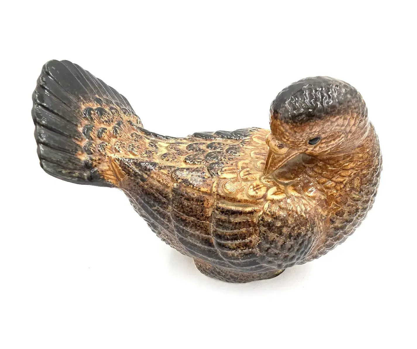 Vintage Made In Japan Ceramic Bird Figurine Preening Brown Glaze