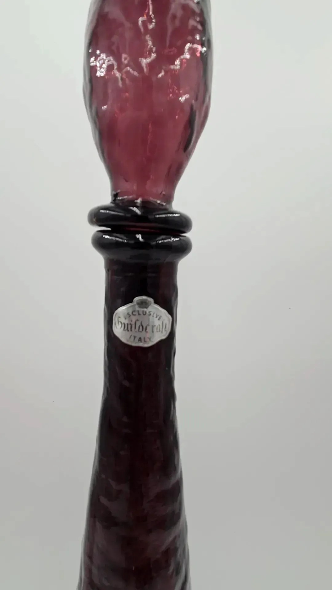 24" Pair Guildcraft Italy Amethyst Art Glass Genie Bottles Decanters MCM w/Stoppers
