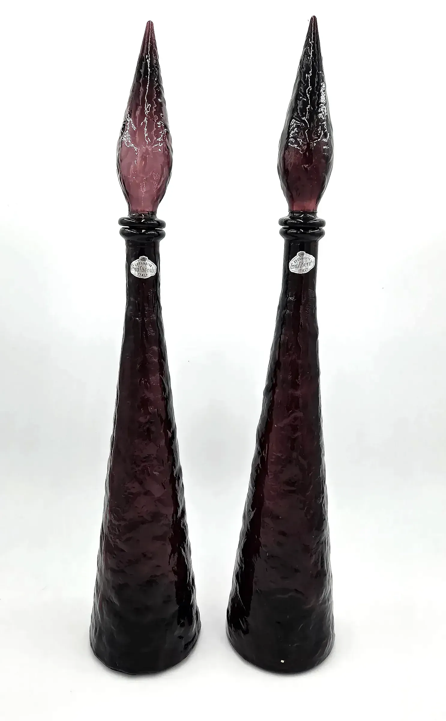 Pair Guildcraft Italy Amethyst Art Glass Genie Bottles Decanters MCM w/Stoppers