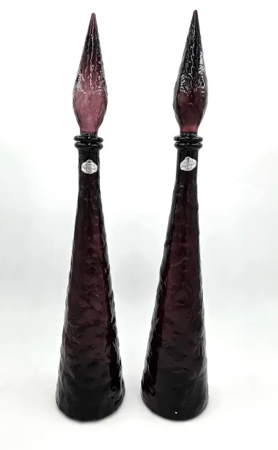 Pair Guildcraft Italy Amethyst Art Glass Genie Bottles Decanters MCM w/Stoppers