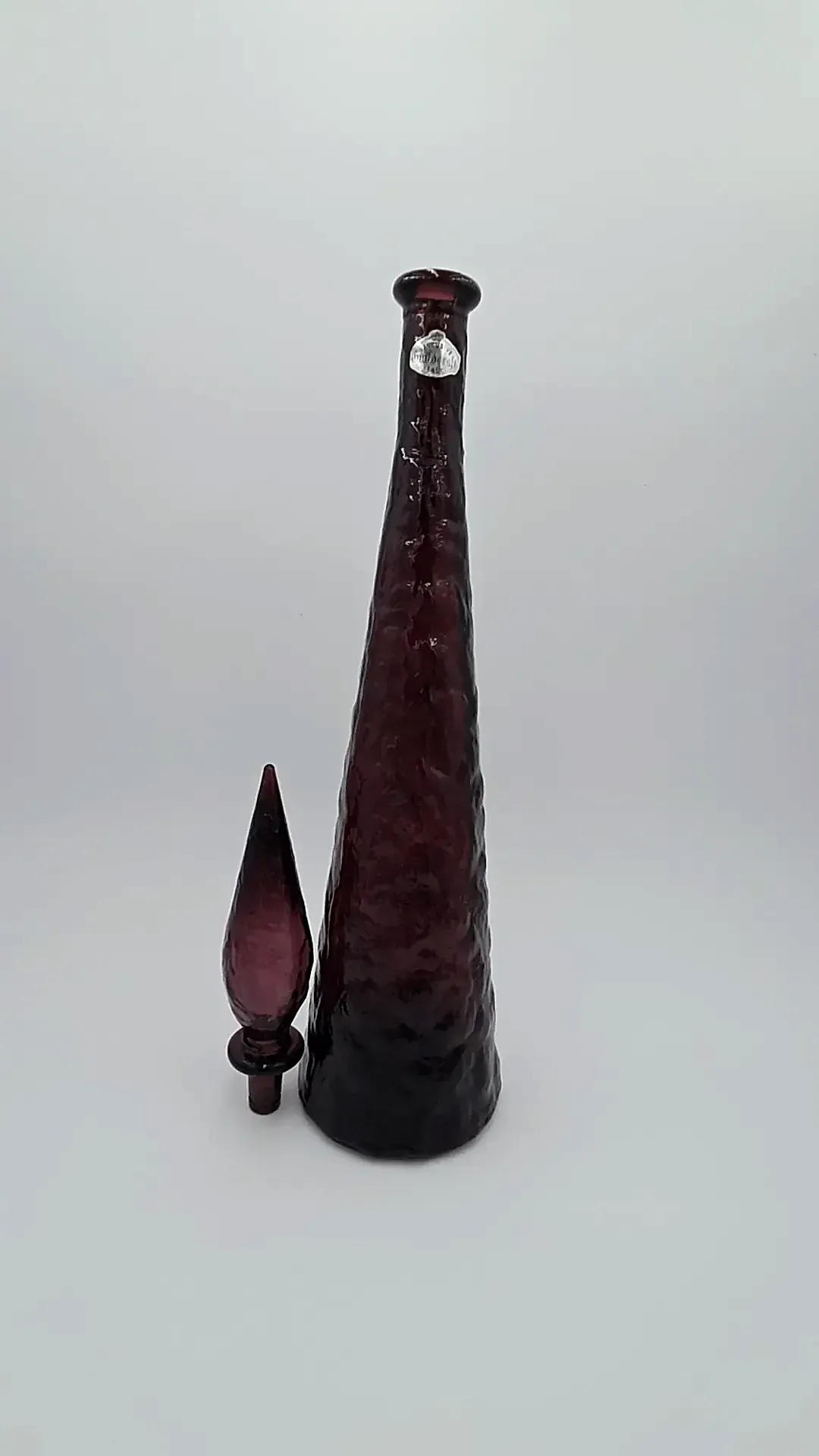 24" Pair Guildcraft Italy Amethyst Art Glass Genie Bottles Decanters MCM w/Stoppers
