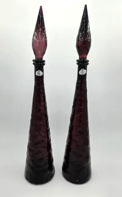 24" Pair Guildcraft Italy Amethyst Art Glass Genie Bottles Decanters MCM w/Stoppers