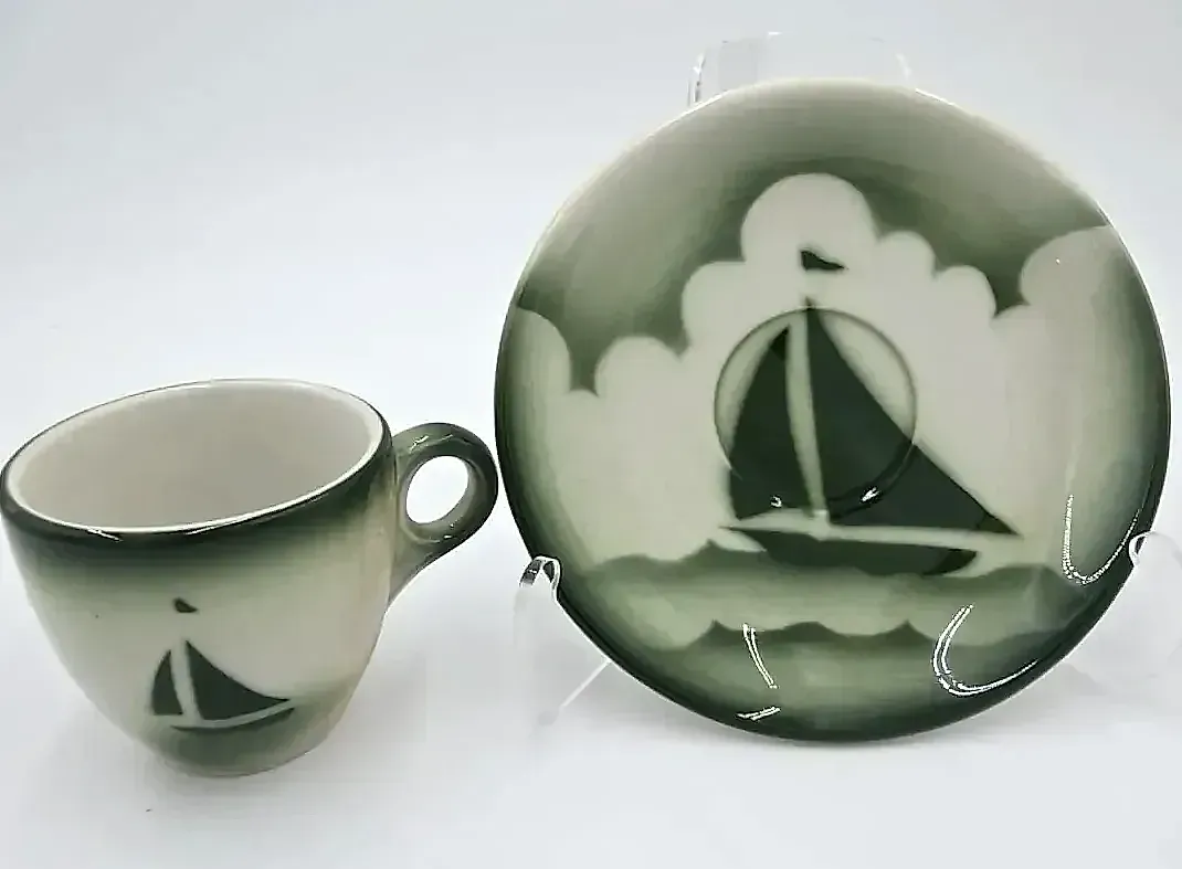 Vintage Jackson China Sailboat Cup & Saucer Restaurant Ware Falls Creek PA Green