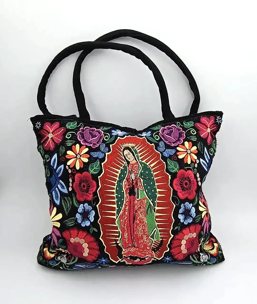 Mexican Embroidered Tote Bag Our Lady of Guadalupe Black Canvas Floral Purse