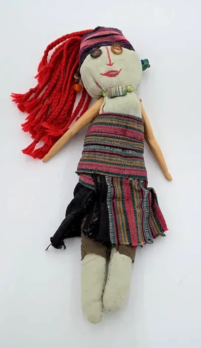 Handmade Folk Art Rag Doll Red Yarn Hair Wood Arms Textile