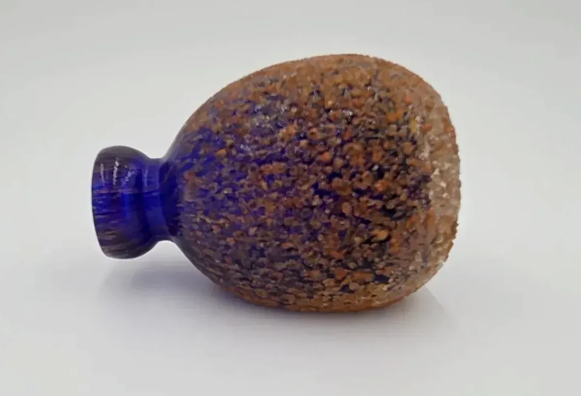 Vintage Hand-Blown Art Glass Bud Vase / Perfume Bottle – Cobalt Blue Cased Glass, Amber Frit, Cut Window