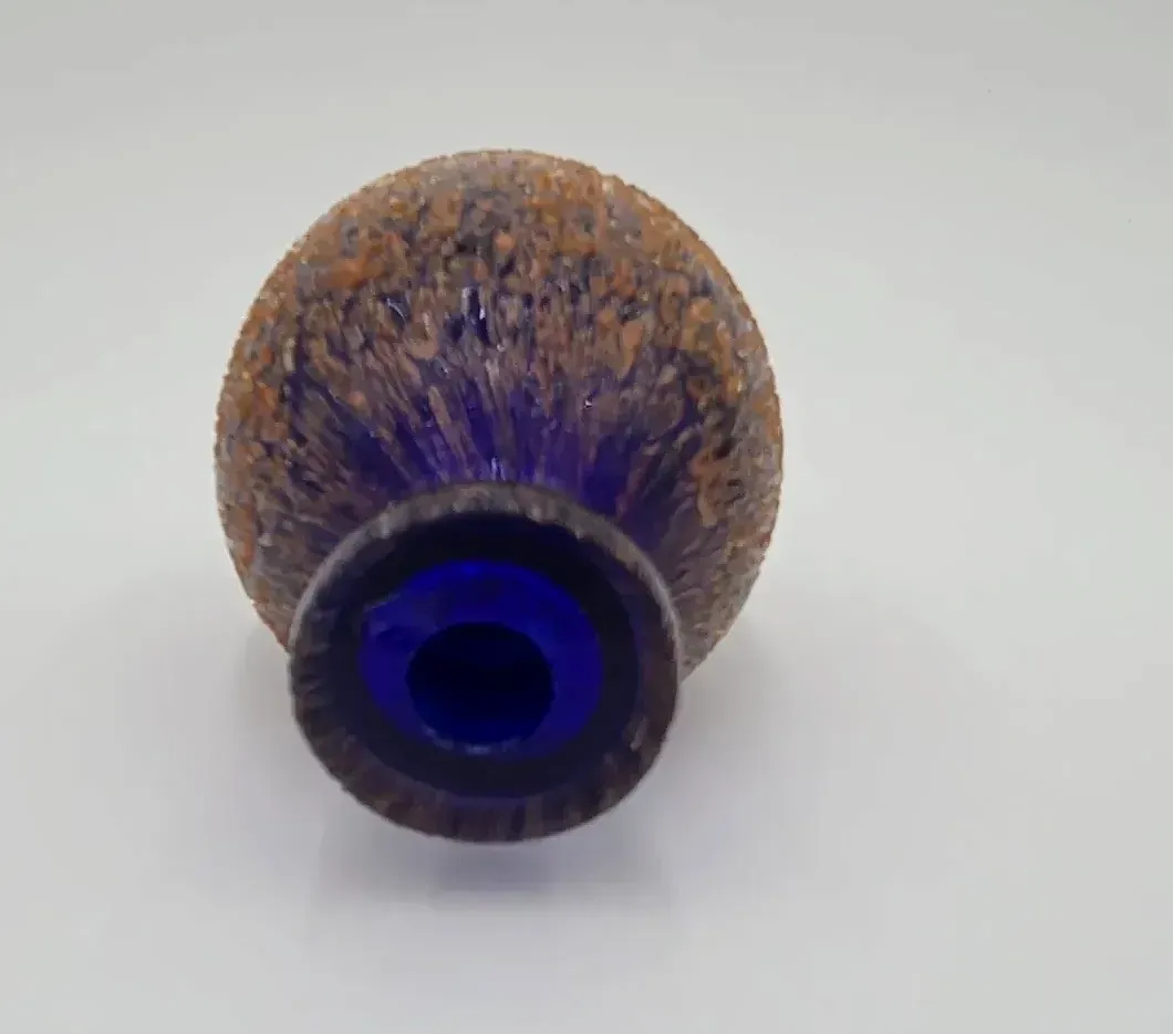 Vintage Hand-Blown Art Glass Bud Vase / Perfume Bottle – Cobalt Blue Cased Glass, Amber Frit, Cut Window