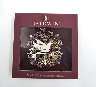 Baldwin Peace Dove Christmas Ornament 24k Gold Finish Brass Chem Art Boxed