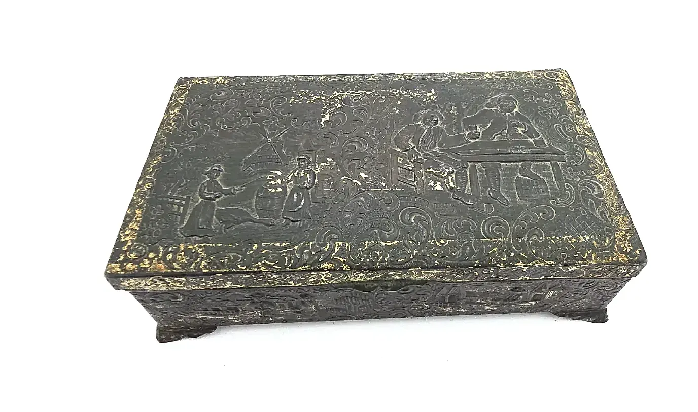 Vintage Occupied Japan Metal Trinket Box Wood Lined Footed Dutch Windmill Scene
