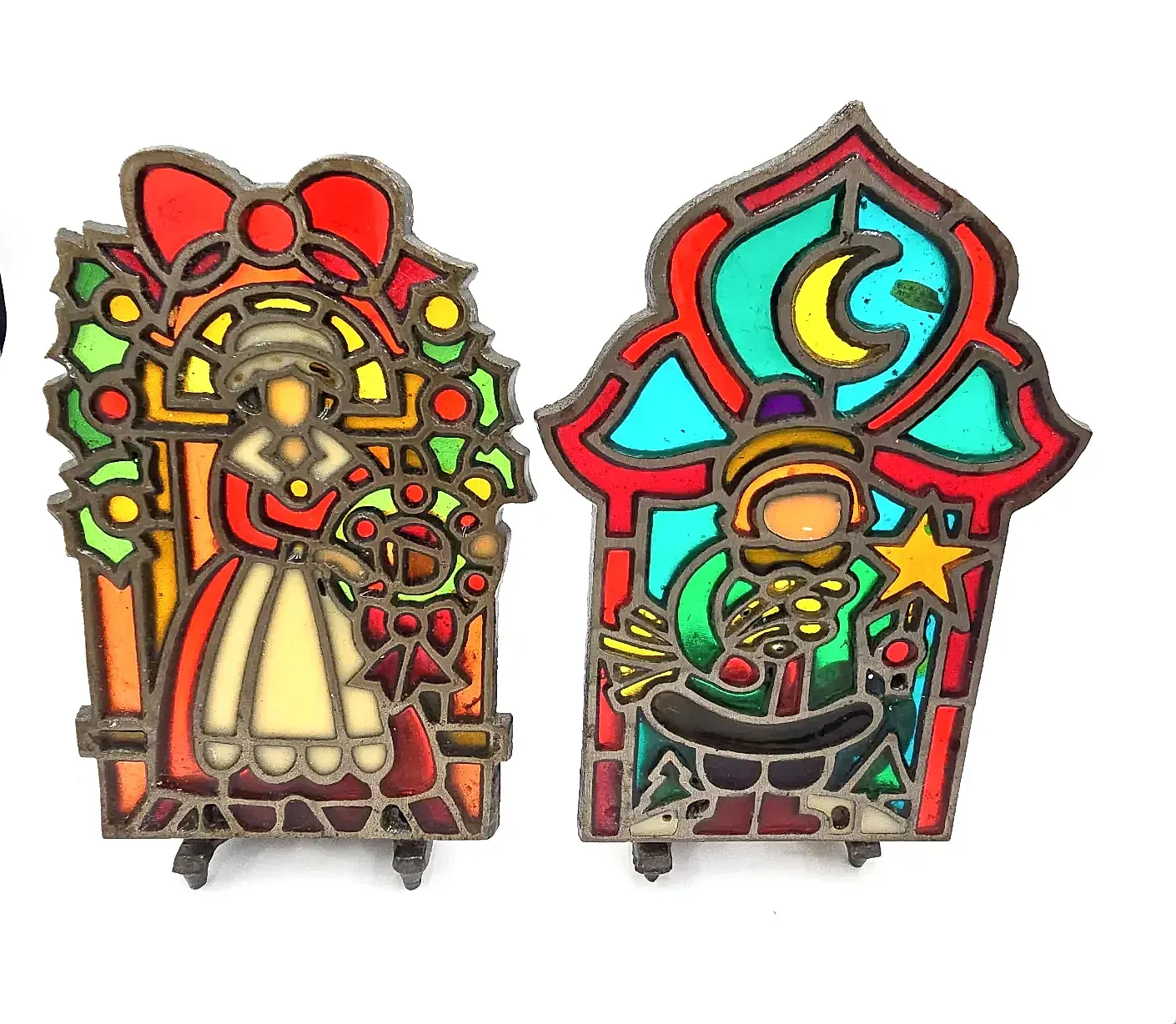 Vintage Polish Christmas Cast Iron Stained Glass Star Boy Candle Holders Pair