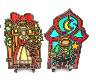 Vintage Polish Christmas Cast Iron Stained Glass Star Boy Candle Holders Pair