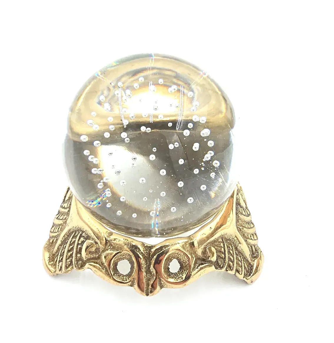 Vintage 1970s Blown Bubble Glass Crystal Ball Paperweight W/ Brass Stand