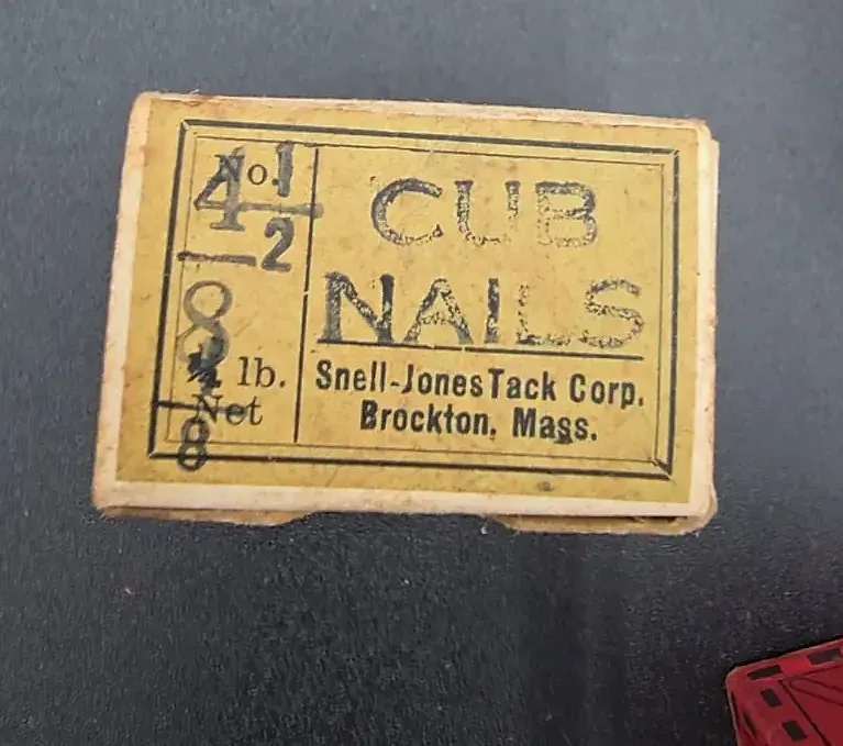 Vintage Upholstery Tack Nail Box Lot Snell-Jones Atlas Advertising Hardware — maker's mark