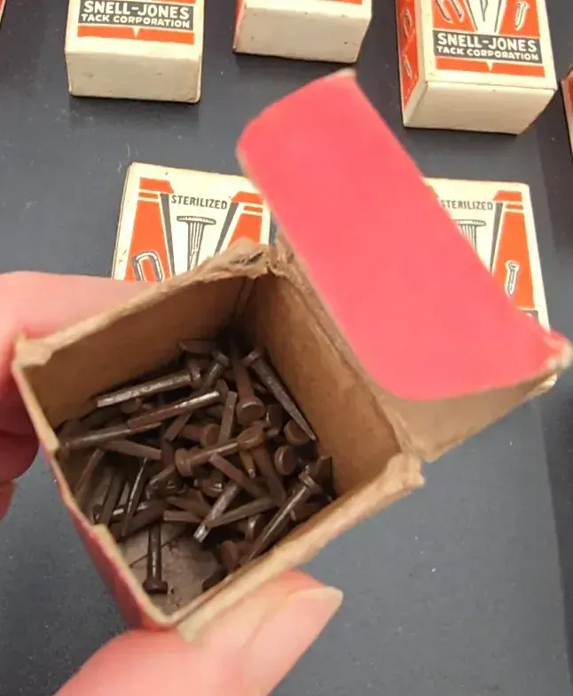 Vintage Upholstery Tack Nail Box Lot Snell-Jones Atlas Advertising Hardware — detail