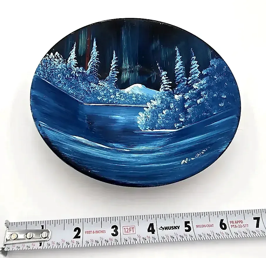 Hand Painted Winter Landscape Metal Tray Signed Nichols Aurora Borealis Snow Scene
